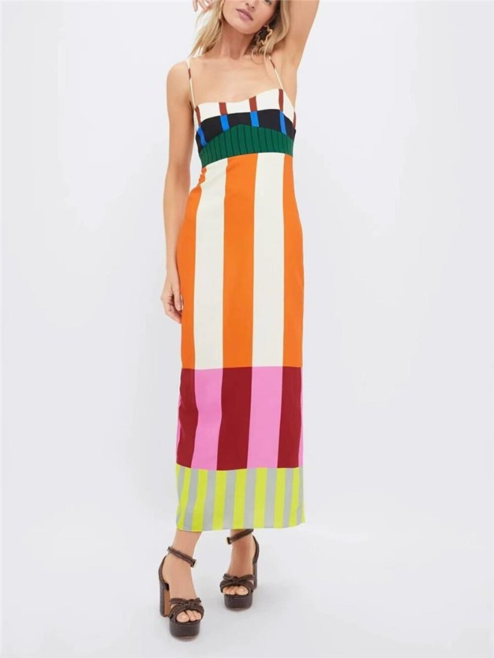 Color-Block Striped Spaghetti Strap Midi Dress
